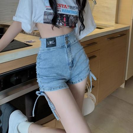 BY14035# 高腰牛仔短裤女夏季黑色抽绳甜辣jazz设计感显瘦辣妹a字裤热裤子 服裝批發女裝批發服飾貨源