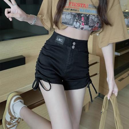 BY14035# 高腰牛仔短裤女夏季黑色抽绳甜辣jazz设计感显瘦辣妹a字裤热裤子 服裝批發女裝批發服飾貨源