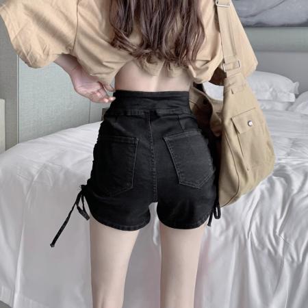 BY14035# 高腰牛仔短裤女夏季黑色抽绳甜辣jazz设计感显瘦辣妹a字裤热裤子 服裝批發女裝批發服飾貨源