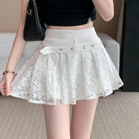 BY14042# 辣妹蕾丝半身裙女假两件夏季新款A字韩版显瘦百褶裙短裙裤子 服裝批發女裝批發服飾貨源