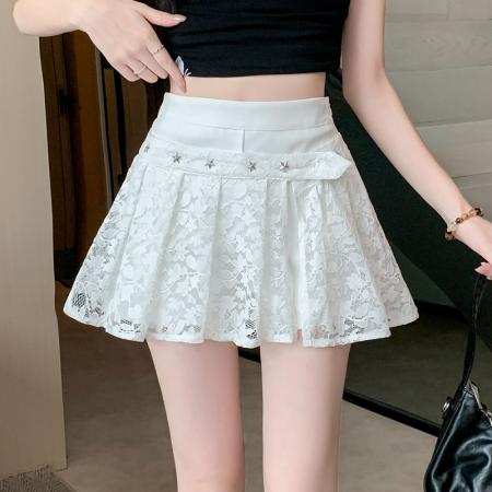 BY14042# 辣妹蕾丝半身裙女假两件夏季新款A字韩版显瘦百褶裙短裙裤子 服裝批發女裝批發服飾貨源