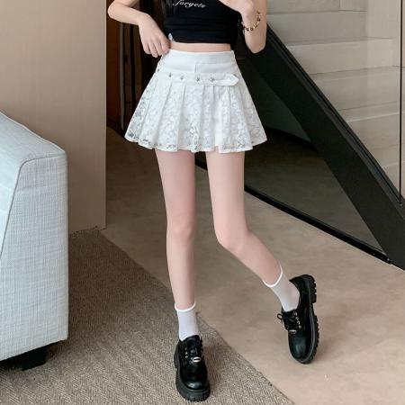 BY14042# 辣妹蕾丝半身裙女假两件夏季新款A字韩版显瘦百褶裙短裙裤子 服裝批發女裝批發服飾貨源