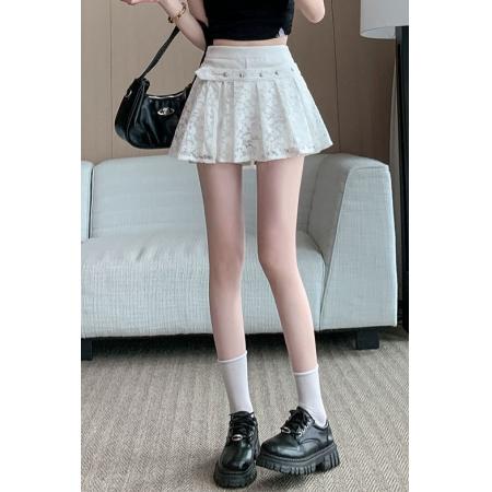 BY14042# 辣妹蕾丝半身裙女假两件夏季新款A字韩版显瘦百褶裙短裙裤子 服裝批發女裝批發服飾貨源
