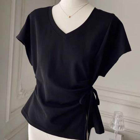 BY14052# 纯棉绑带设计感小众V领短袖T恤女夏季韩版内搭外穿打底衫收腰上衣 服裝批發女裝批發服飾貨源