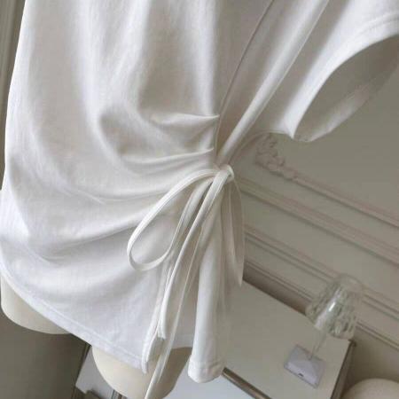 BY14052# 纯棉绑带设计感小众V领短袖T恤女夏季韩版内搭外穿打底衫收腰上衣 服裝批發女裝批發服飾貨源