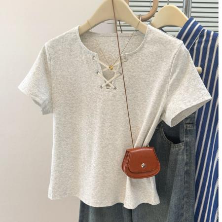 BY14054# 甜辣妹V领绑带短袖T恤女夏季修身韩版内搭打底衫短款正肩上衣 服裝批發女裝批發服飾貨源