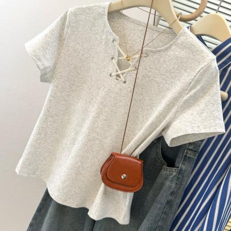 BY14054# 甜辣妹V领绑带短袖T恤女夏季修身韩版内搭打底衫短款正肩上衣 服裝批發女裝批發服飾貨源