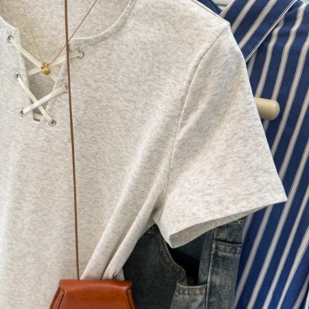 BY14054# 甜辣妹V领绑带短袖T恤女夏季修身韩版内搭打底衫短款正肩上衣 服裝批發女裝批發服飾貨源