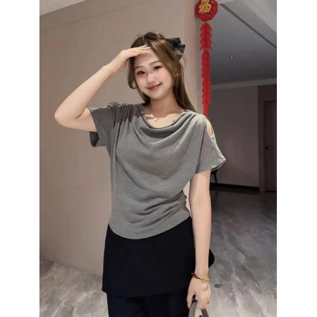 BY14055# 人棉荡领露肩短袖T恤韩版气质松弛感露锁骨褶皱打底衫上衣 服裝批發女裝批發服飾貨源