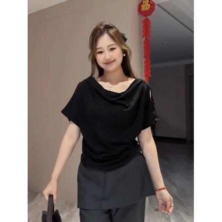 BY14055# 人棉荡领露肩短袖T恤韩版气质松弛感露锁骨褶皱打底衫上衣 服裝批發女裝批發服飾貨源