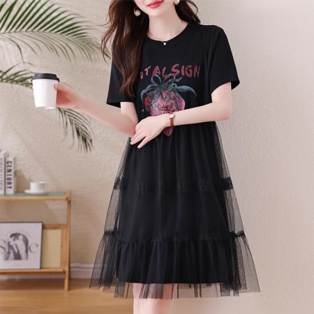 BY14061# 夏新款胖mm大码女装网纱洋气T恤裙韩版休闲连衣裙 服裝批發女裝批發服飾貨源