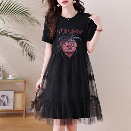 BY14061# 夏新款胖mm大码女装网纱洋气T恤裙韩版休闲连衣裙 服裝批發女裝批發服飾貨源