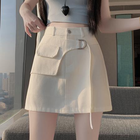 BY14068# 夏韩版高腰显瘦假两件设计感白色洗水工装裙a字半身短裙 服裝批發女裝批發服飾貨源