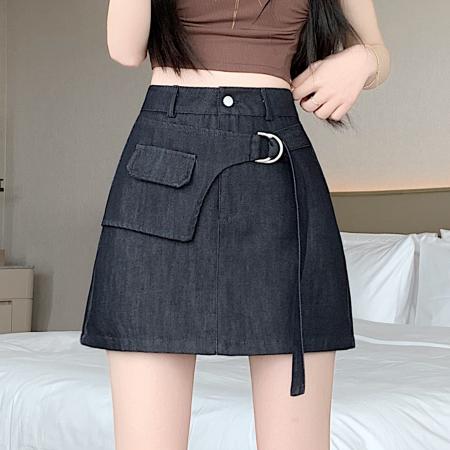 BY14068# 夏韩版高腰显瘦假两件设计感白色洗水工装裙a字半身短裙 服裝批發女裝批發服飾貨源