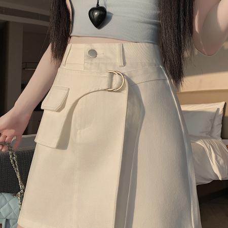 BY14068# 夏韩版高腰显瘦假两件设计感白色洗水工装裙a字半身短裙 服裝批發女裝批發服飾貨源