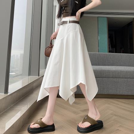 BY14070# 夏美式复古不规则腰带设计仿牛仔遮胯显瘦a字半身裙中裙 服裝批發女裝批發服飾貨源