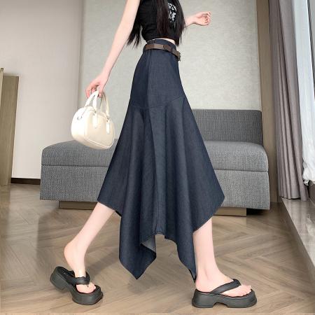 BY14070# 夏美式复古不规则腰带设计仿牛仔遮胯显瘦a字半身裙中裙 服裝批發女裝批發服飾貨源