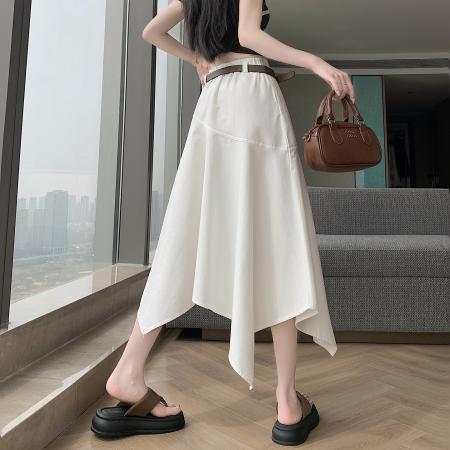 BY14070# 夏美式复古不规则腰带设计仿牛仔遮胯显瘦a字半身裙中裙 服裝批發女裝批發服飾貨源