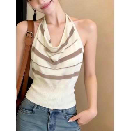 BY14072# 条纹荡领挂脖吊带背心女夏季新款法式纯欲风露背收腰显瘦上衣 服裝批發女裝批發服飾貨源