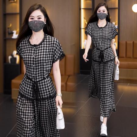 BY14076# 大码套装女夏蕾丝边短袖上衣+高腰阔腿裤宽松遮肚两件套 服裝批發女裝批發服飾貨源