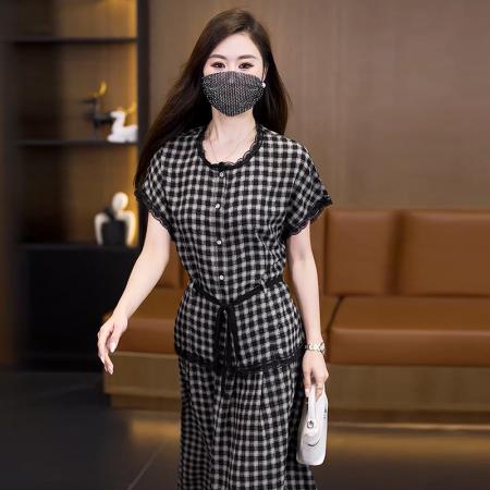 BY14076# 大码套装女夏蕾丝边短袖上衣+高腰阔腿裤宽松遮肚两件套 服裝批發女裝批發服飾貨源