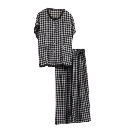 BY14076# 大码套装女夏蕾丝边短袖上衣+高腰阔腿裤宽松遮肚两件套 服裝批發女裝批發服飾貨源