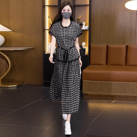 BY14076# 大码套装女夏蕾丝边短袖上衣+高腰阔腿裤宽松遮肚两件套 服裝批發女裝批發服飾貨源