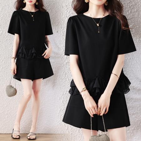 BY14077# 大码女装夏新款宽松遮肚荷叶边T恤圆领短袖显瘦打底上衣 服裝批發女裝批發服飾貨源