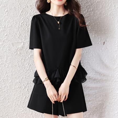 BY14077# 大码女装夏新款宽松遮肚荷叶边T恤圆领短袖显瘦打底上衣 服裝批發女裝批發服飾貨源