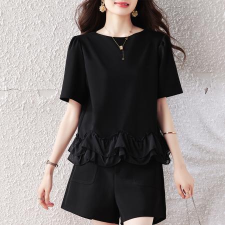 BY14077# 大码女装夏新款宽松遮肚荷叶边T恤圆领短袖显瘦打底上衣 服裝批發女裝批發服飾貨源