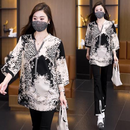 BY14078# 大码显瘦套装夏季宽松透气印花T恤弹力开叉微喇裤两件套 服裝批發女裝批發服飾貨源