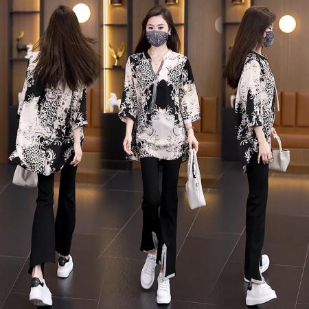 BY14078# 大码显瘦套装夏季宽松透气印花T恤弹力开叉微喇裤两件套 服裝批發女裝批發服飾貨源