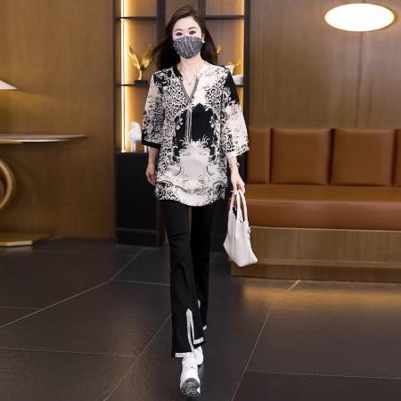 BY14078# 大码显瘦套装夏季宽松透气印花T恤弹力开叉微喇裤两件套 服裝批發女裝批發服飾貨源