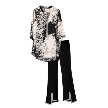 BY14078# 大码显瘦套装夏季宽松透气印花T恤弹力开叉微喇裤两件套 服裝批發女裝批發服飾貨源