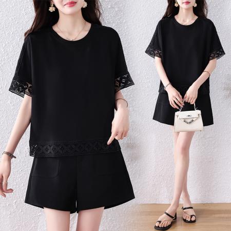 BY14082# 大码女装短袖T恤女新款宽松遮肉显瘦蕾丝拼接打底上衣 服裝批發女裝批發服飾貨源
