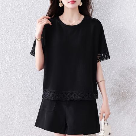 BY14082# 大码女装短袖T恤女新款宽松遮肉显瘦蕾丝拼接打底上衣 服裝批發女裝批發服飾貨源