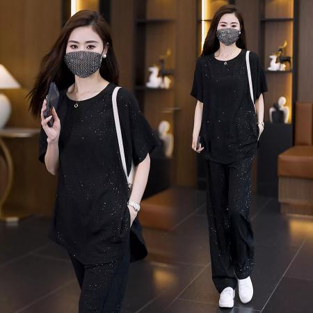 BY14084# 夏季新款时尚遮肚显瘦设计感烫钻短袖上衣直筒裤套装 服裝批發女裝批發服飾貨源