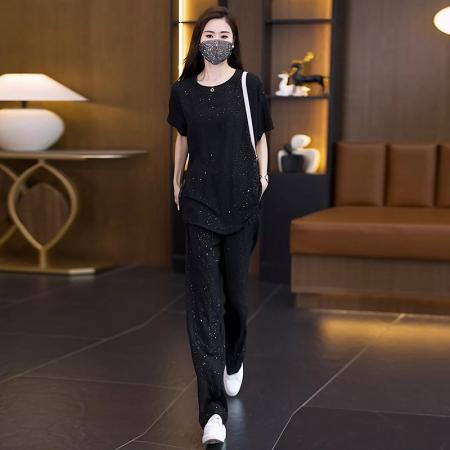 BY14084# 夏季新款时尚遮肚显瘦设计感烫钻短袖上衣直筒裤套装 服裝批發女裝批發服飾貨源