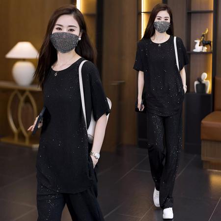 BY14084# 夏季新款时尚遮肚显瘦设计感烫钻短袖上衣直筒裤套装 服裝批發女裝批發服飾貨源