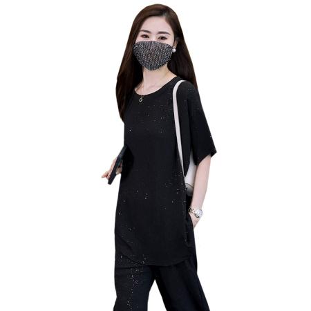 BY14084# 夏季新款时尚遮肚显瘦设计感烫钻短袖上衣直筒裤套装 服裝批發女裝批發服飾貨源