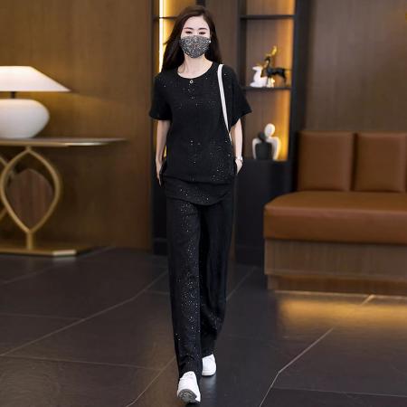 BY14084# 夏季新款时尚遮肚显瘦设计感烫钻短袖上衣直筒裤套装 服裝批發女裝批發服飾貨源