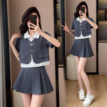 BY14088# 拼接假两件上衣+显瘦百褶裙两件套套装 服裝批發女裝批發服飾貨源