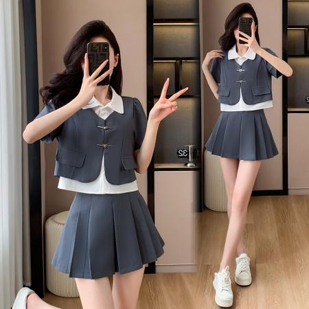 BY14088# 拼接假两件上衣+显瘦百褶裙两件套套装 服裝批發女裝批發服飾貨源