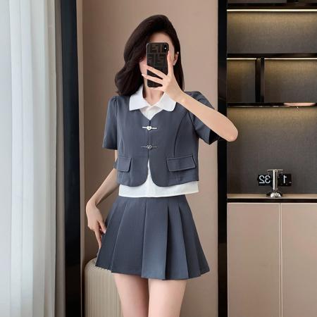 BY14088# 拼接假两件上衣+显瘦百褶裙两件套套装 服裝批發女裝批發服飾貨源