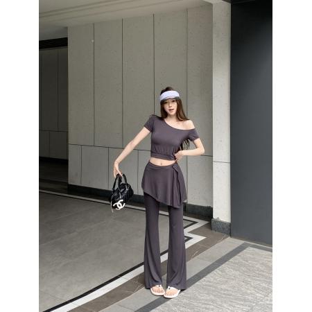 BY14092# 冰氧夏日斜肩短袖T恤显瘦上衣休闲微喇阔腿长裤套装夏 服裝批發女裝批發服飾貨源