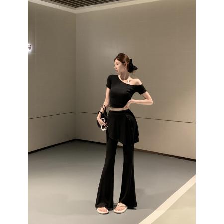 BY14092# 冰氧夏日斜肩短袖T恤显瘦上衣休闲微喇阔腿长裤套装夏 服裝批發女裝批發服飾貨源