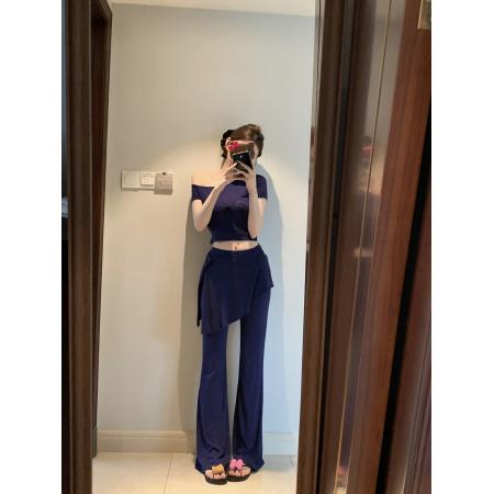 BY14092# 冰氧夏日斜肩短袖T恤显瘦上衣休闲微喇阔腿长裤套装夏 服裝批發女裝批發服飾貨源