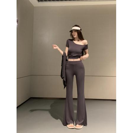 BY14092# 冰氧夏日斜肩短袖T恤显瘦上衣休闲微喇阔腿长裤套装夏 服裝批發女裝批發服飾貨源