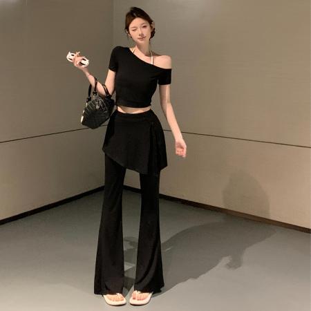 BY14092# 冰氧夏日斜肩短袖T恤显瘦上衣休闲微喇阔腿长裤套装夏 服裝批發女裝批發服飾貨源