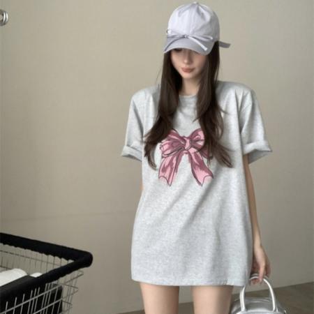 BY14093# 韩版夏季洋气ins风甜美减龄蝴蝶结印花圆领大版短袖T恤 服裝批發女裝批發服飾貨源